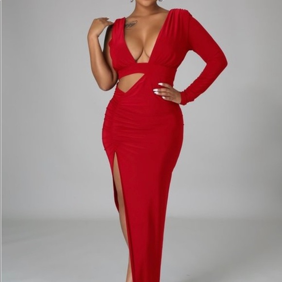 HOLIDAY RED ONE SHOULDER LONG SLEEVE CUT OUT FITTED MAXI DRESS - Picture 3 of 3